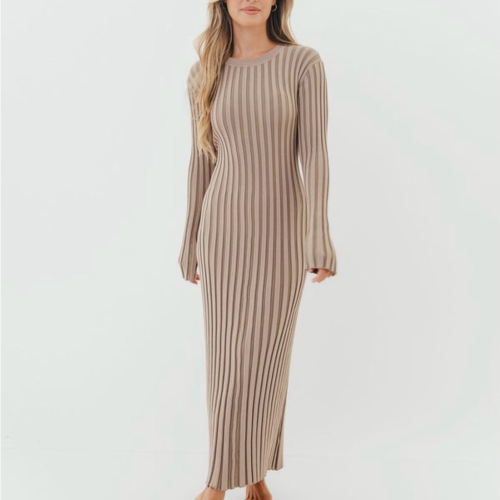 Colette Premium Long Sleeved Ribbed Knit Maxi Dress in Stone- Bump Friendly